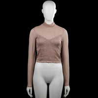 Amisu - Turtleneck - Taupe - Size S - Taupe long-sleeve top with a mock neck and plain cuffs. Features a lace overlay panel on the front and back and a straight hem.