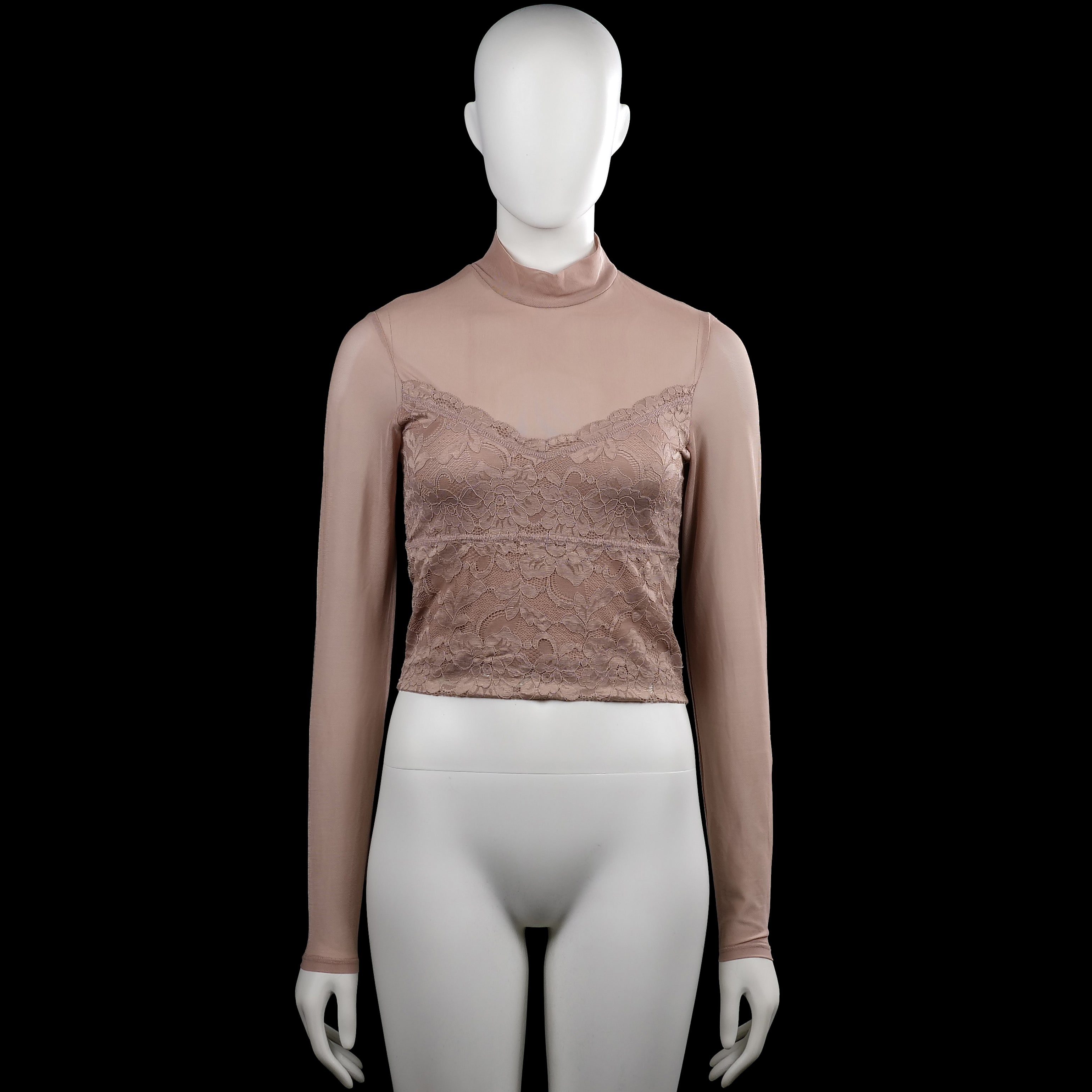 Amisu - Turtleneck - Taupe - Size S - Taupe long-sleeve top with a mock neck and plain cuffs. Features a lace overlay panel on the front and back and a straight hem.