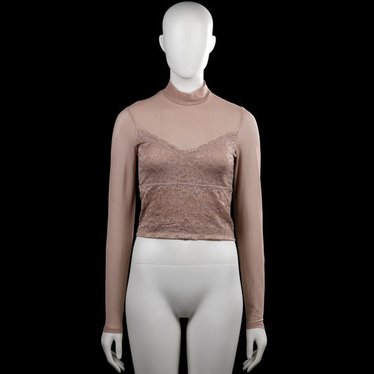 Amisu - Turtleneck - Taupe - Size S - Taupe long-sleeve top with a mock neck and plain cuffs. Features a lace overlay panel on the front and back and a straight hem.