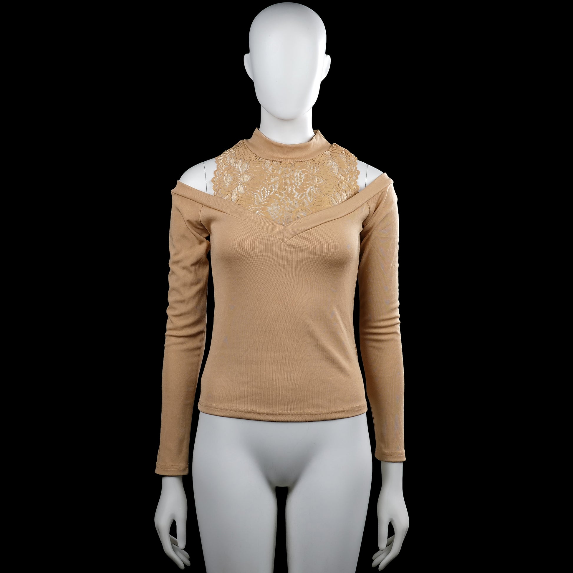 Shein - Long-sleeve top - Camel - Size S - Camel solid long-sleeve top with cold-shoulder cutouts and a high neckline. Features a lace yoke panel at the upper chest and straight hem and cuffs.
