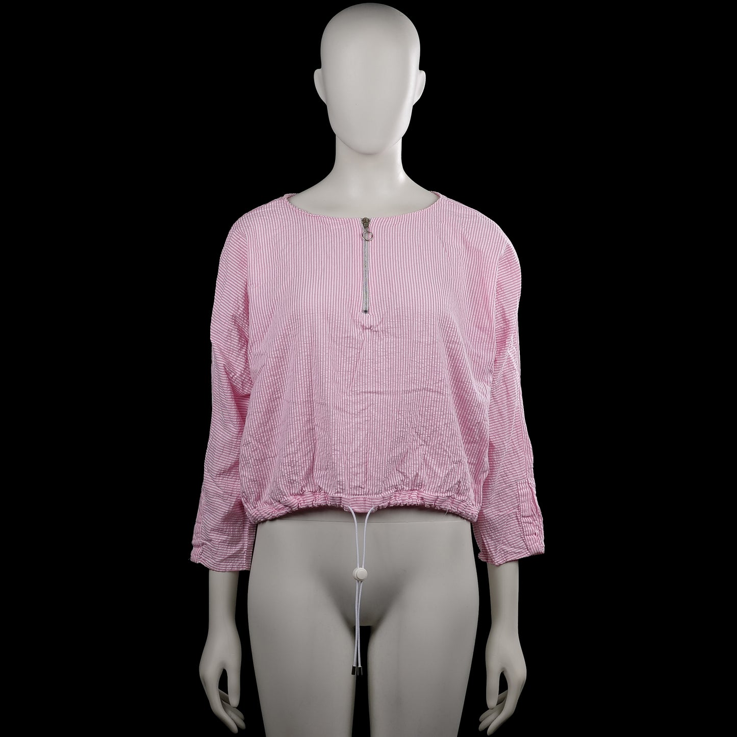 Zara trafaluc - Long-sleeve top - Pink & White - Size L - Pink and white striped top with a boat neckline and long sleeves. Features a short front zipper at the center front and an elastic hem with a drawstring.