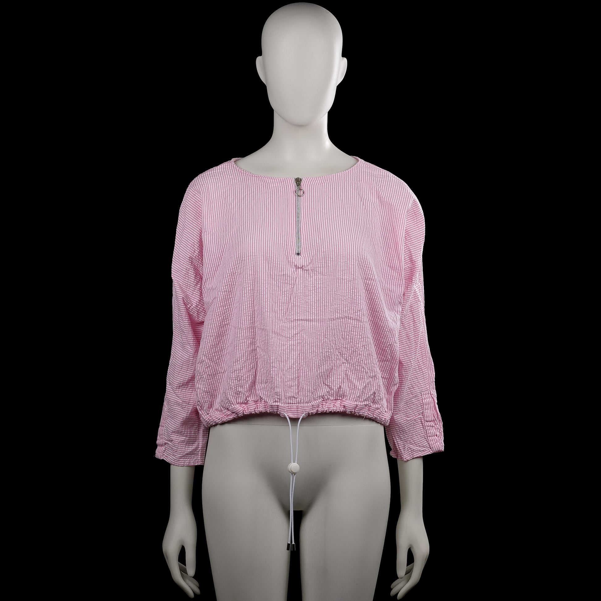 Zara trafaluc - Long-sleeve top - Pink & White - Size L - Pink and white striped top with a boat neckline and long sleeves. Features a short front zipper at the center front and an elastic hem with a drawstring.