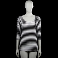 Basic equipment - Long-sleeve top - White & Black - Size M - Black and white horizontally striped top with a scoop neck and three-quarter sleeves with gathered shoulders. Straight hem and plain cuffs.