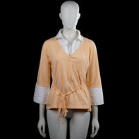 Casablanca - Long-sleeve top - Beige & White - Size 42 - Beige and white solid top with a V-neck and three-quarter sleeves with wide white cuffs. Features a white collar insert at the neckline and a straight hem with side tie detail.