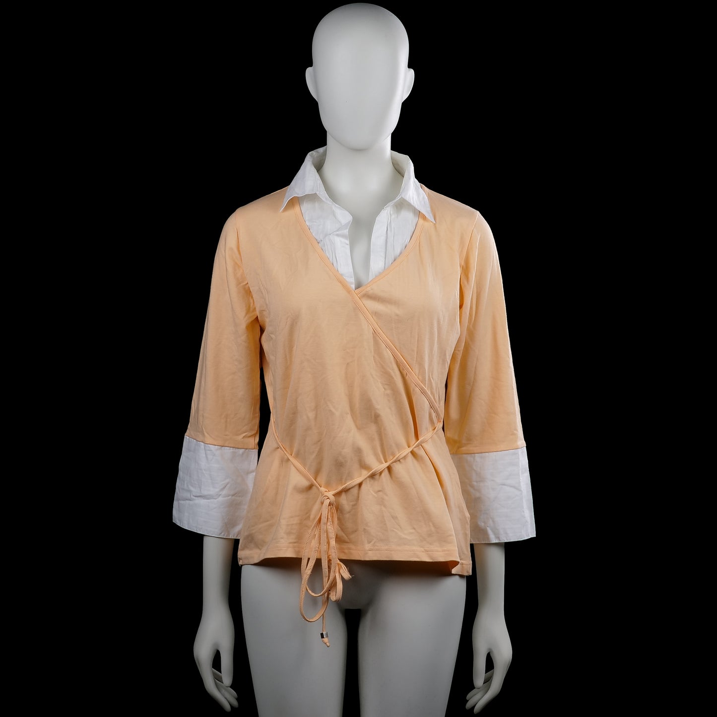 Casablanca - Long-sleeve top - Beige & White - Size 42 - Beige and white solid top with a V-neck and three-quarter sleeves with wide white cuffs. Features a white collar insert at the neckline and a straight hem with side tie detail.