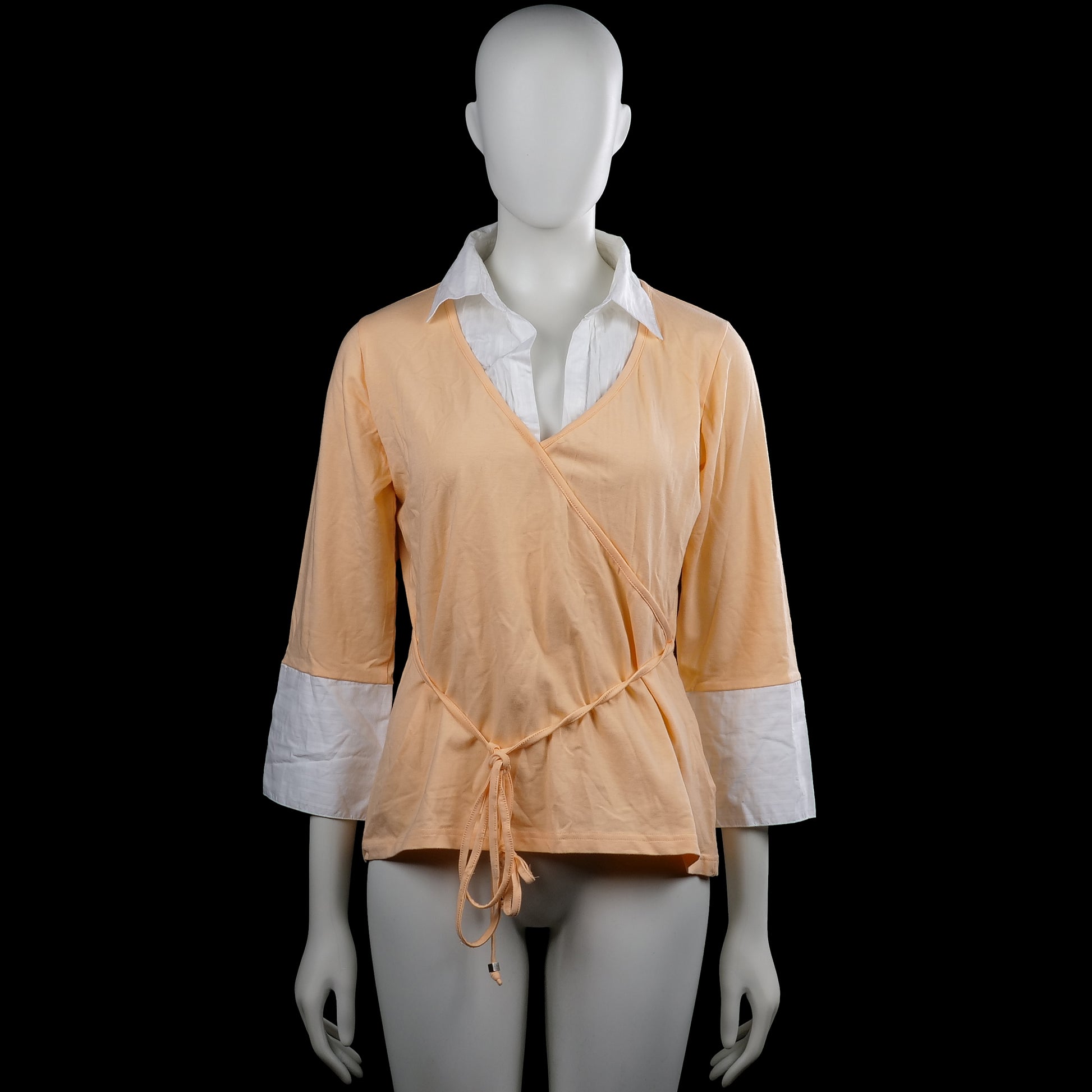 Casablanca - Long-sleeve top - Beige & White - Size 42 - Beige and white solid top with a V-neck and three-quarter sleeves with wide white cuffs. Features a white collar insert at the neckline and a straight hem with side tie detail.