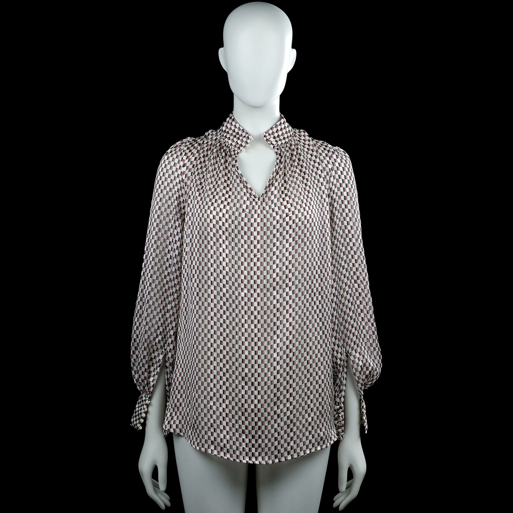 H&M - Blouse - Brown & White - Size S - Brown and white checked blouse with a classic collar and a V-shaped opening at the front. Long sleeves with button cuffs and a curved hem.
