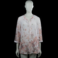 Tunic - White & Pink - Size 40 - White and pink floral tunic with a V-neck and a partial front placket. Three-quarter sleeves have button cuffs and the hem is straight.
