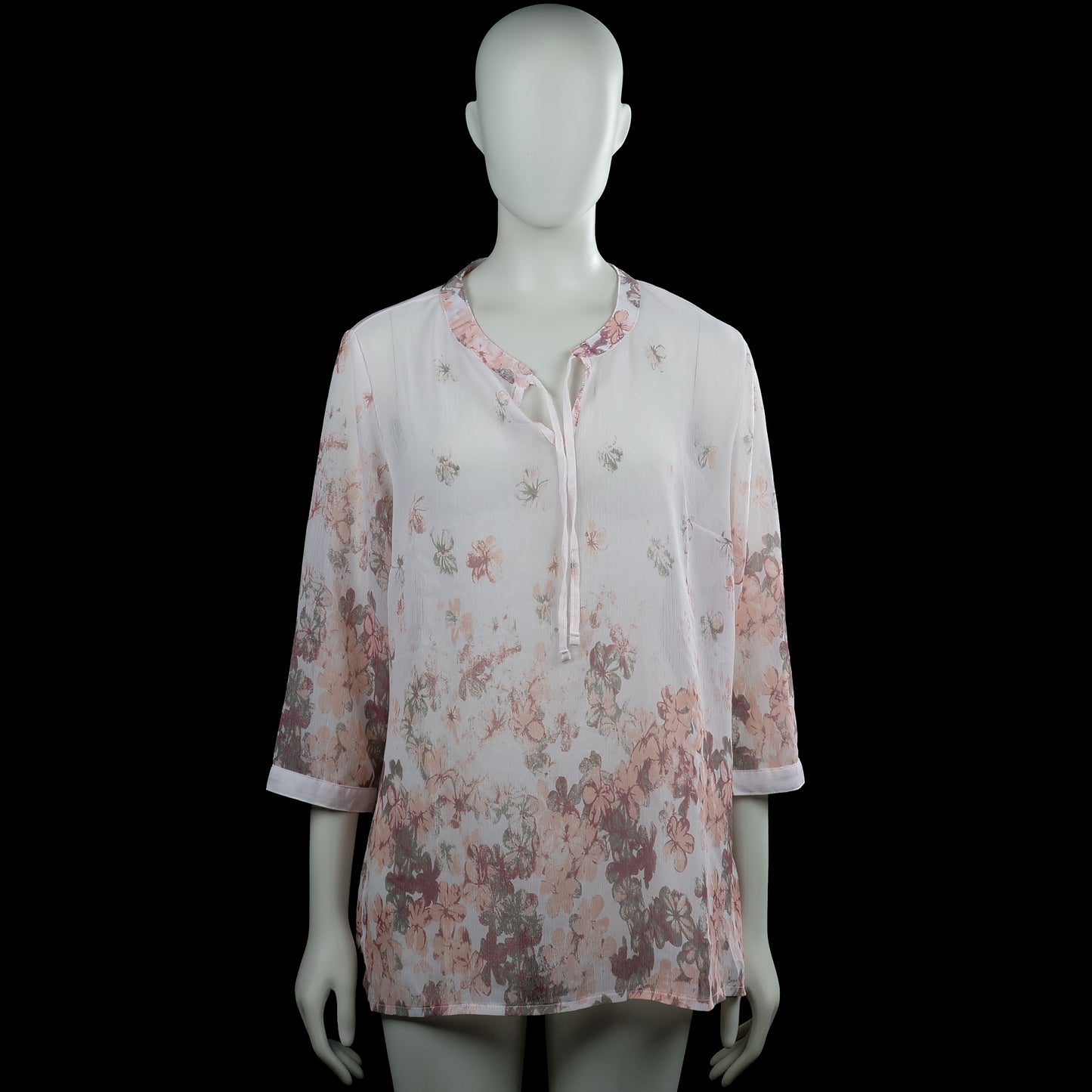 Tunic - White & Pink - Size 40 - White and pink floral tunic with a V-neck and a partial front placket. Three-quarter sleeves have button cuffs and the hem is straight.
