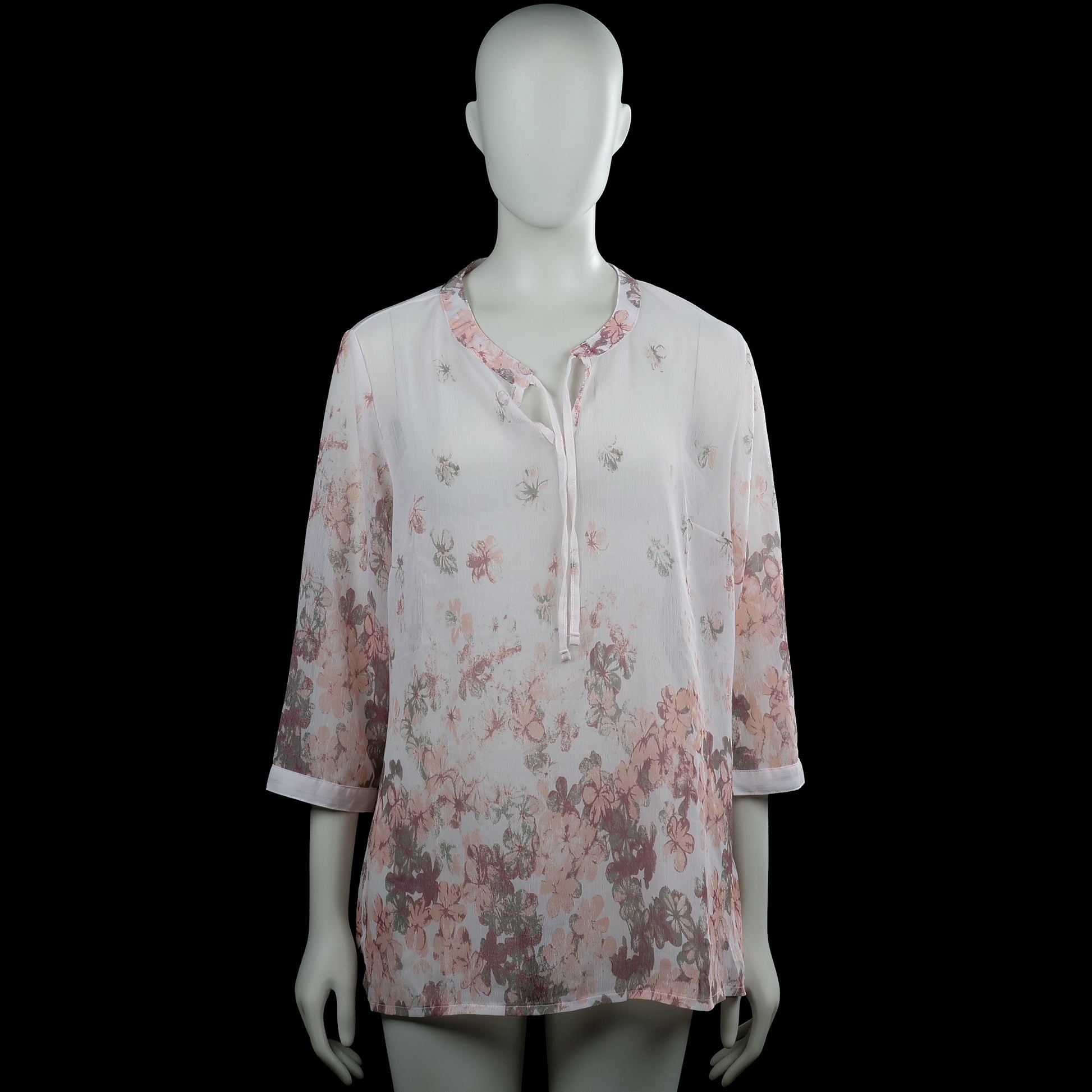Tunic - White & Pink - Size 40 - White and pink floral tunic with a V-neck and a partial front placket. Three-quarter sleeves have button cuffs and the hem is straight.