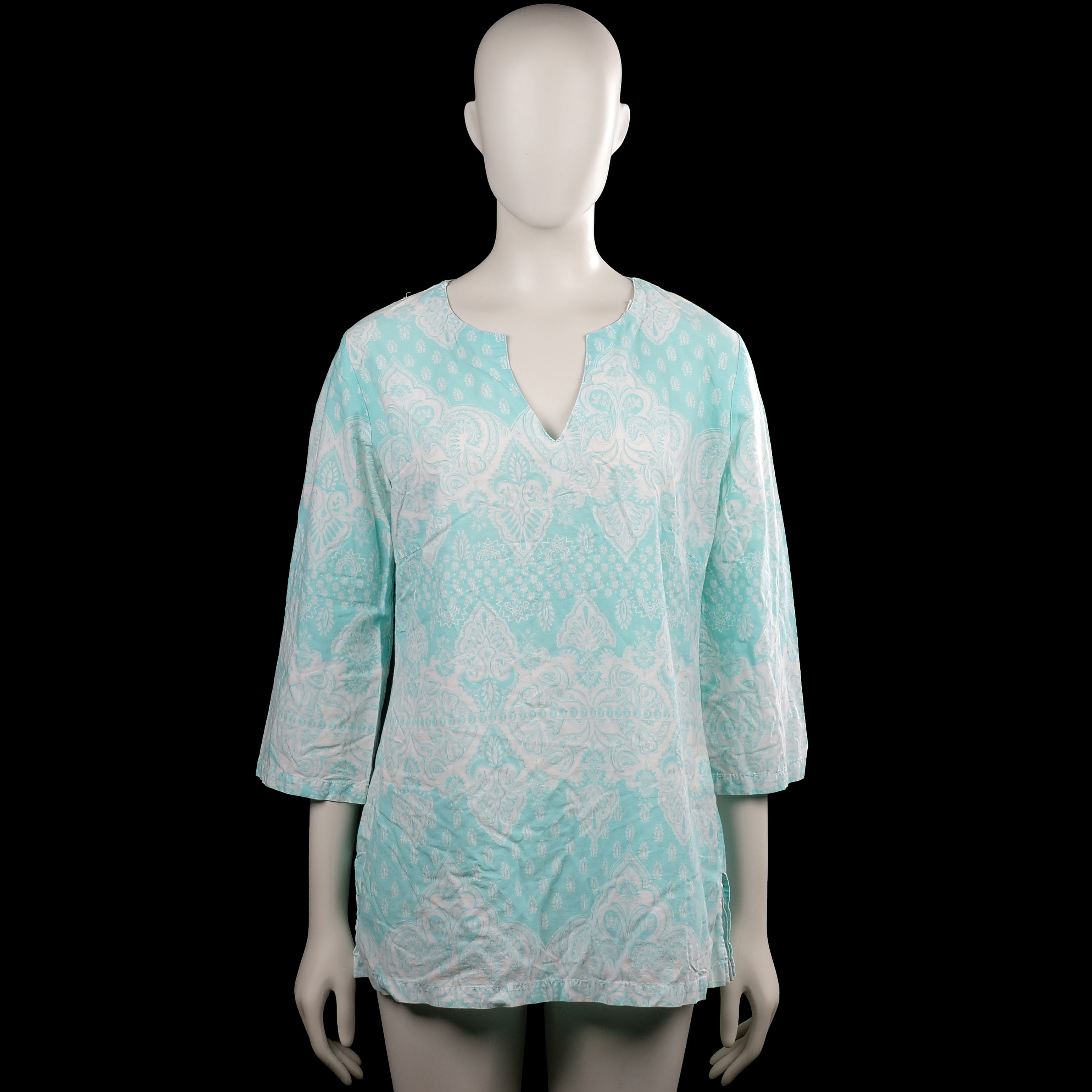 Tcm - Tunic - Turquoise & White - Size 42 - Turquoise and white printed tunic with a V-neck opening. Features three-quarter sleeves with plain cuffs, a straight hem, and side slits.