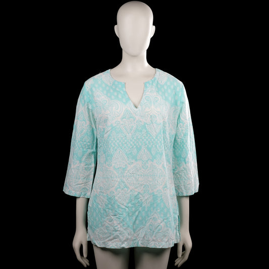Tcm - Tunic - Turquoise & White - Size 42 - Turquoise and white printed tunic with a V-neck opening. Features three-quarter sleeves with plain cuffs, a straight hem, and side slits.