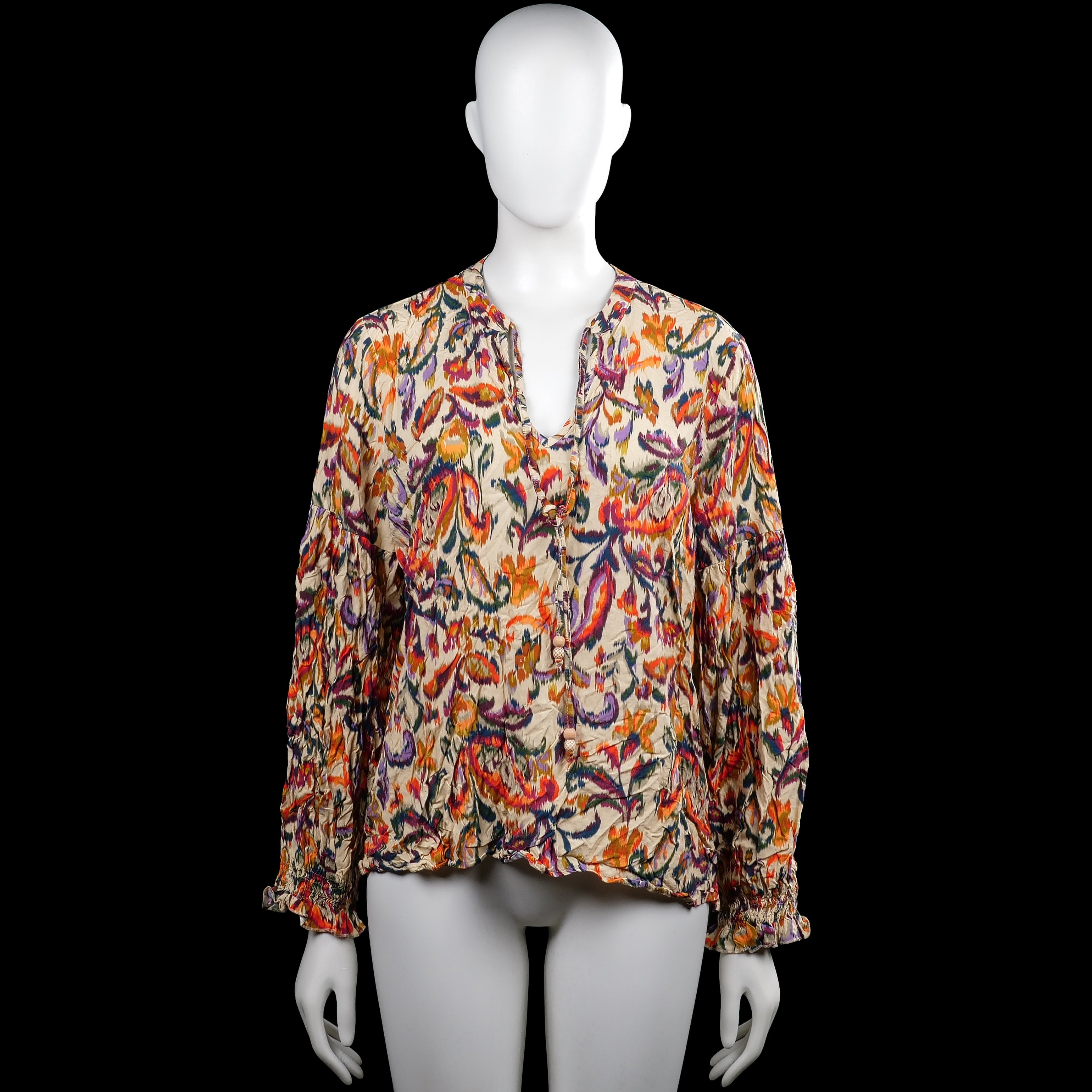 Greisha - Blouse - Multicolored - Size XL - Multicolored printed blouse with a V-neckline and long sleeves. Features elastic cuffs and a straight hem.