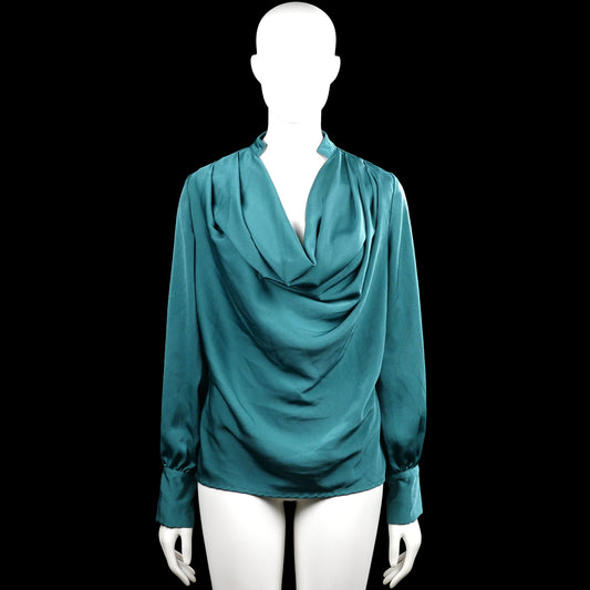 Shein - Blouse - Turquoise - Size XS - Turquoise solid blouse with a draped cowl neckline and long sleeves. Features button cuffs and a straight hem.