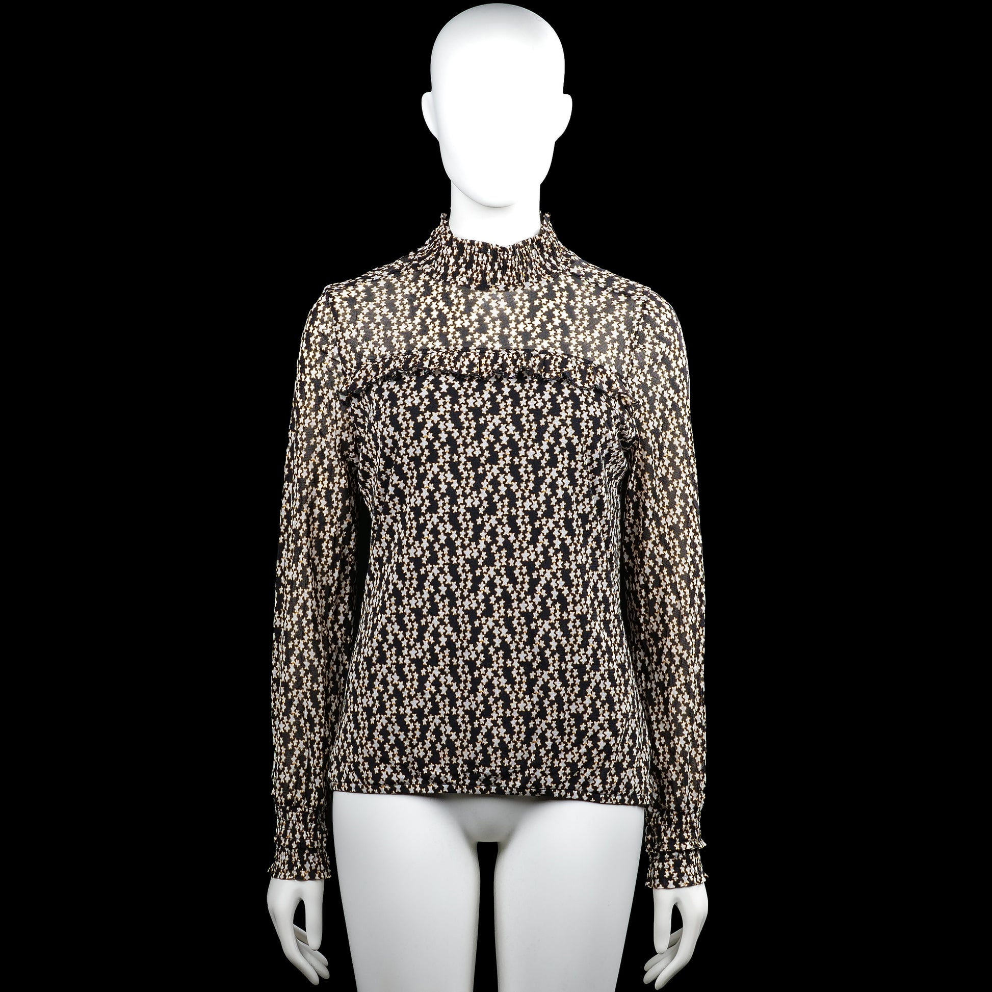Summum woman - Long-sleeve top - Black & White - Size M - Black and white long-sleeve top with an all-over print and a high smocked neckline. Features a ruffle detail across the chest, ribbed cuffs, a straight hem, and a back keyhole opening with a button closure.