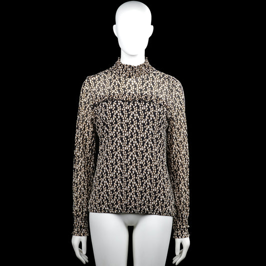 Summum woman - Long-sleeve top - Black & White - Size M - Black and white long-sleeve top with an all-over print and a high smocked neckline. Features a ruffle detail across the chest, ribbed cuffs, a straight hem, and a back keyhole opening with a button closure.
