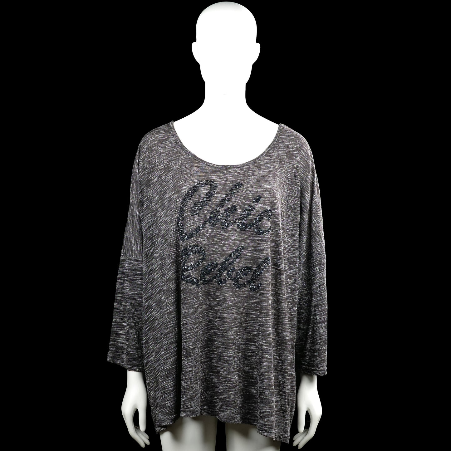 Ms Mode - Tunic - Gray - Size XXL - Gray top with a scoop neckline and three-quarter sleeves with plain cuffs. Straight hem and sequin text embellishment on the front.