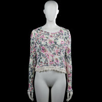 H&M Divided - Long-sleeve top - Ivory & Pink - Size S - Ivory and pink floral long-sleeve top with a round neckline. Straight hem with a lace trim band and plain cuffs.
