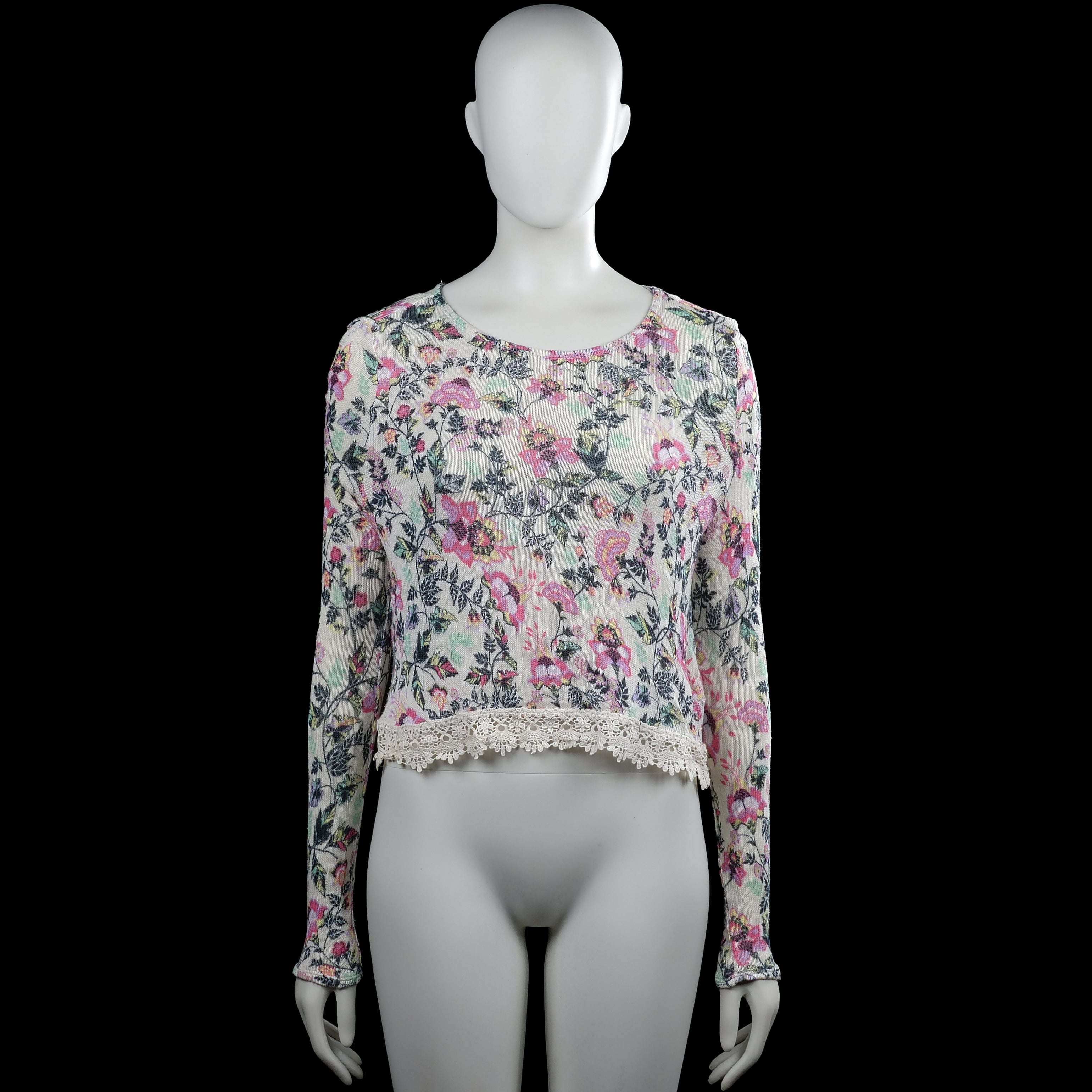 H&M Divided - Long-sleeve top - Ivory & Pink - Size S - Ivory and pink floral long-sleeve top with a round neckline. Straight hem with a lace trim band and plain cuffs.