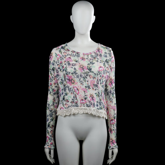 H&M Divided - Long-sleeve top - Ivory & Pink - Size S - Ivory and pink floral long-sleeve top with a round neckline. Straight hem with a lace trim band and plain cuffs.