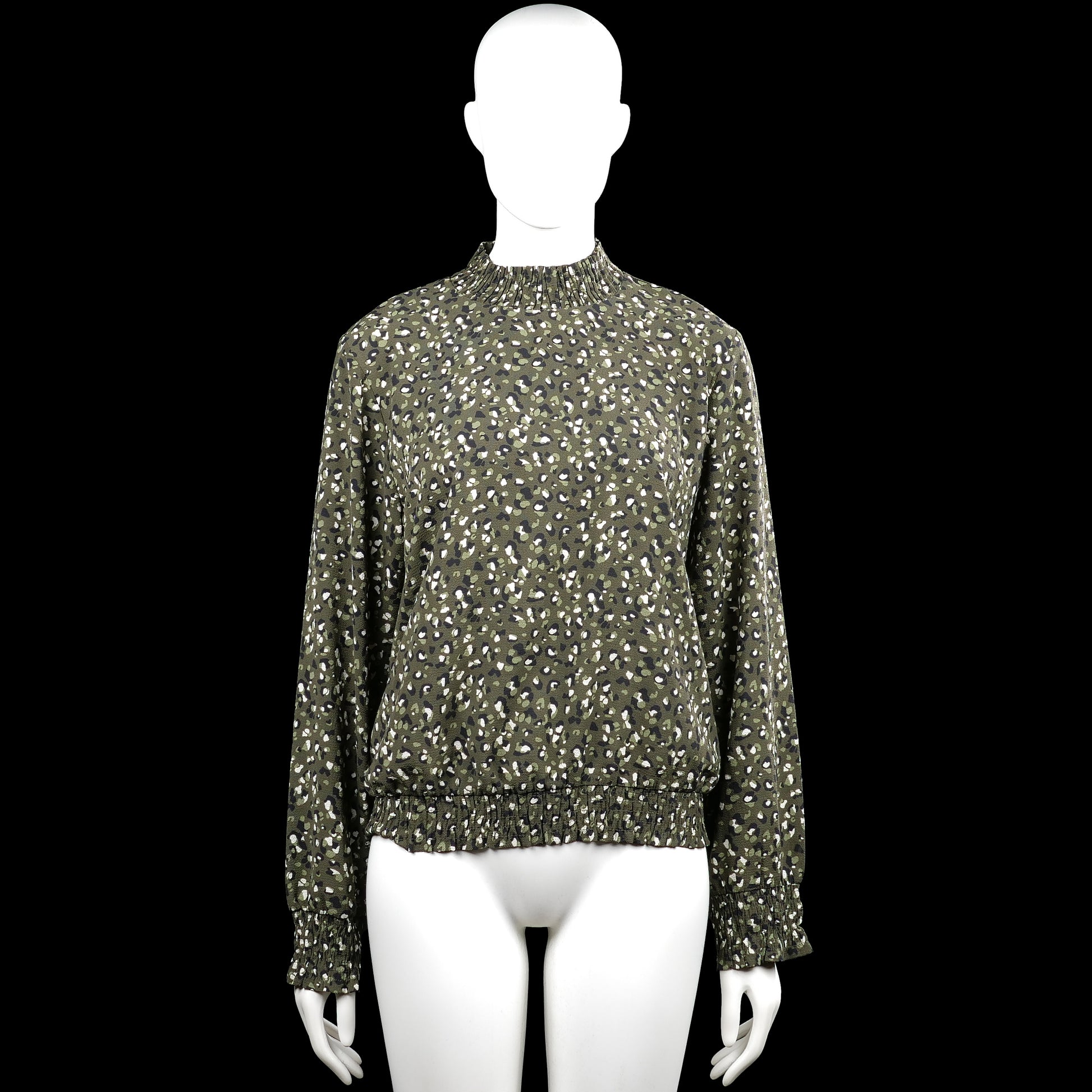 Pigalle - Blouse - Olive & White - Size 40 - Olive and white dotted top with a high neck and long sleeves. Features elastic cuffs and an elastic hem, with a back keyhole and button closure.