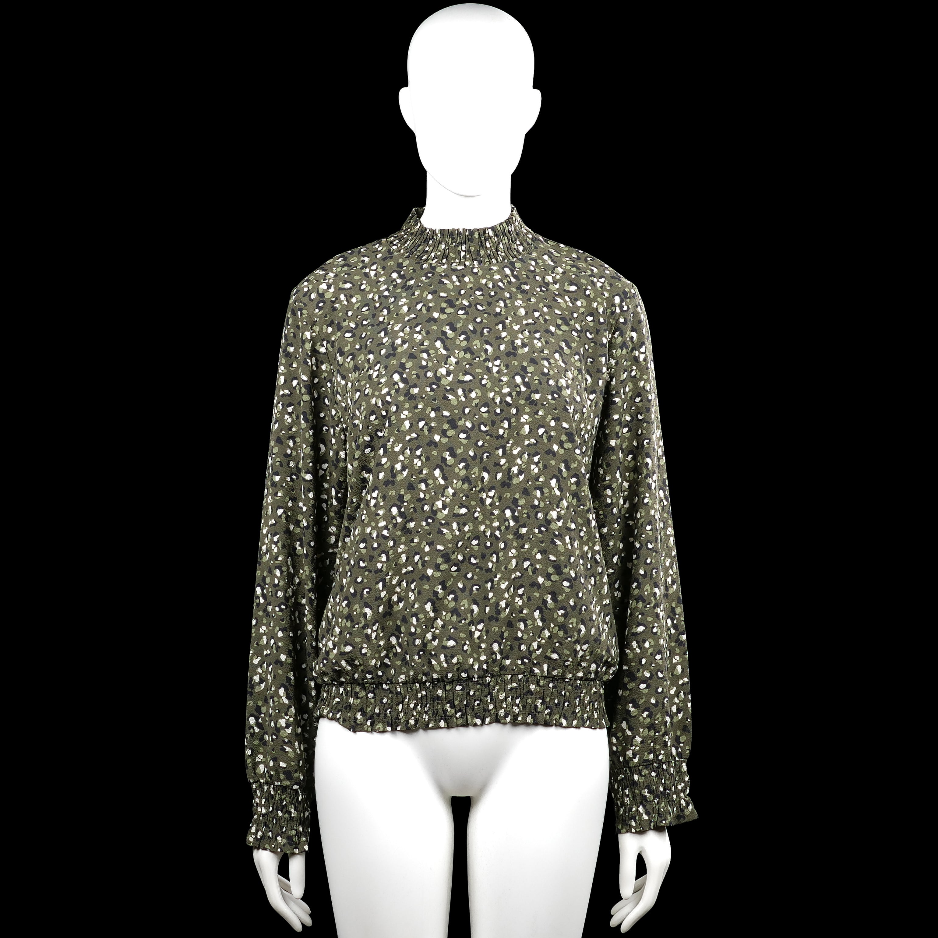 Pigalle - Blouse - Olive & White - Size 40 - Olive and white dotted top with a high neck and long sleeves. Features elastic cuffs and an elastic hem, with a back keyhole and button closure.