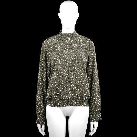 Pigalle - Blouse - Olive & White - Size 40 - Olive and white dotted top with a high neck and long sleeves. Features elastic cuffs and an elastic hem, with a back keyhole and button closure.