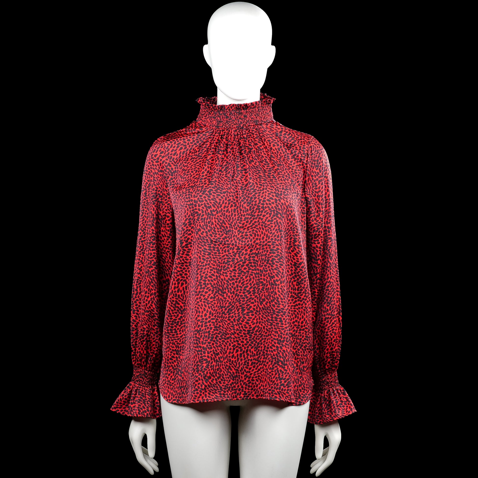 H&M - Blouse - Red & Black - Size S - Red and black leopard-pattern top with a smocked high neck and a V-shaped front opening. Long sleeves with flared cuffs and a curved hem.
