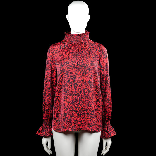 H&M - Blouse - Red & Black - Size S - Red and black leopard-pattern top with a smocked high neck and a V-shaped front opening. Long sleeves with flared cuffs and a curved hem.