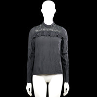 Numph - Blouse - Charcoal - Size 38 - Charcoal solid long-sleeve top with a high neck and lace yoke panels at the front and back. Features a ruffle detail across the chest, a back zipper closure, plain cuffs, and a straight hem.