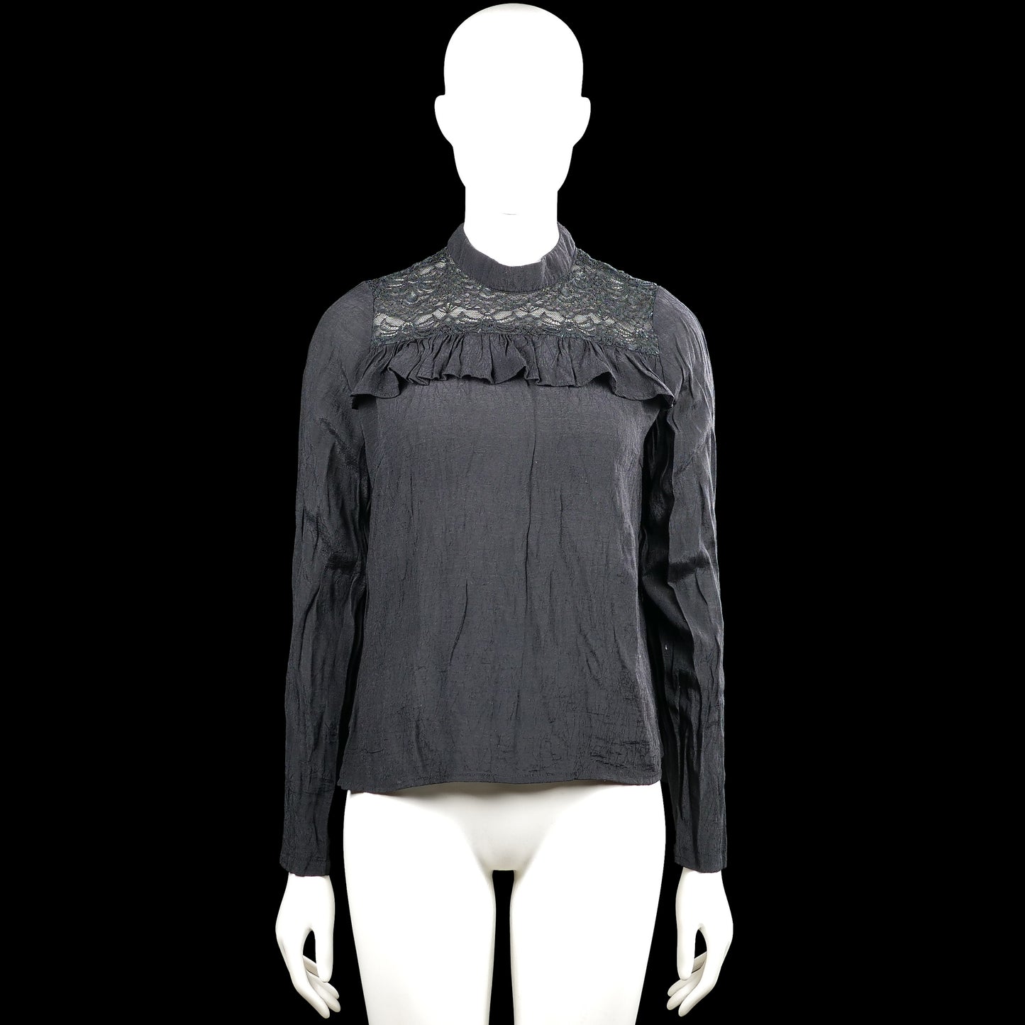 Numph - Blouse - Charcoal - Size 38 - Charcoal solid long-sleeve top with a high neck and lace yoke panels at the front and back. Features a ruffle detail across the chest, a back zipper closure, plain cuffs, and a straight hem.