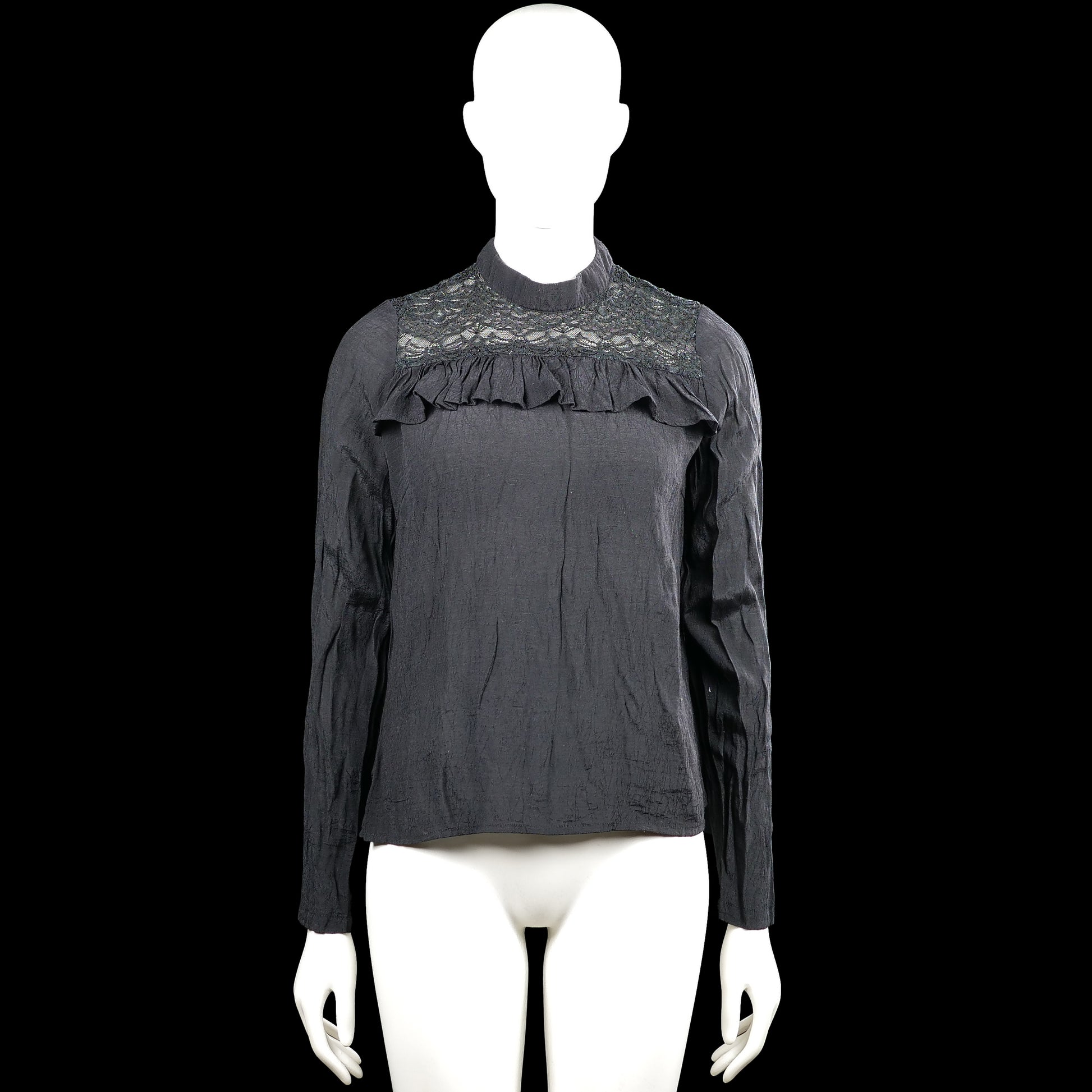 Numph - Blouse - Charcoal - Size 38 - Charcoal solid long-sleeve top with a high neck and lace yoke panels at the front and back. Features a ruffle detail across the chest, a back zipper closure, plain cuffs, and a straight hem.