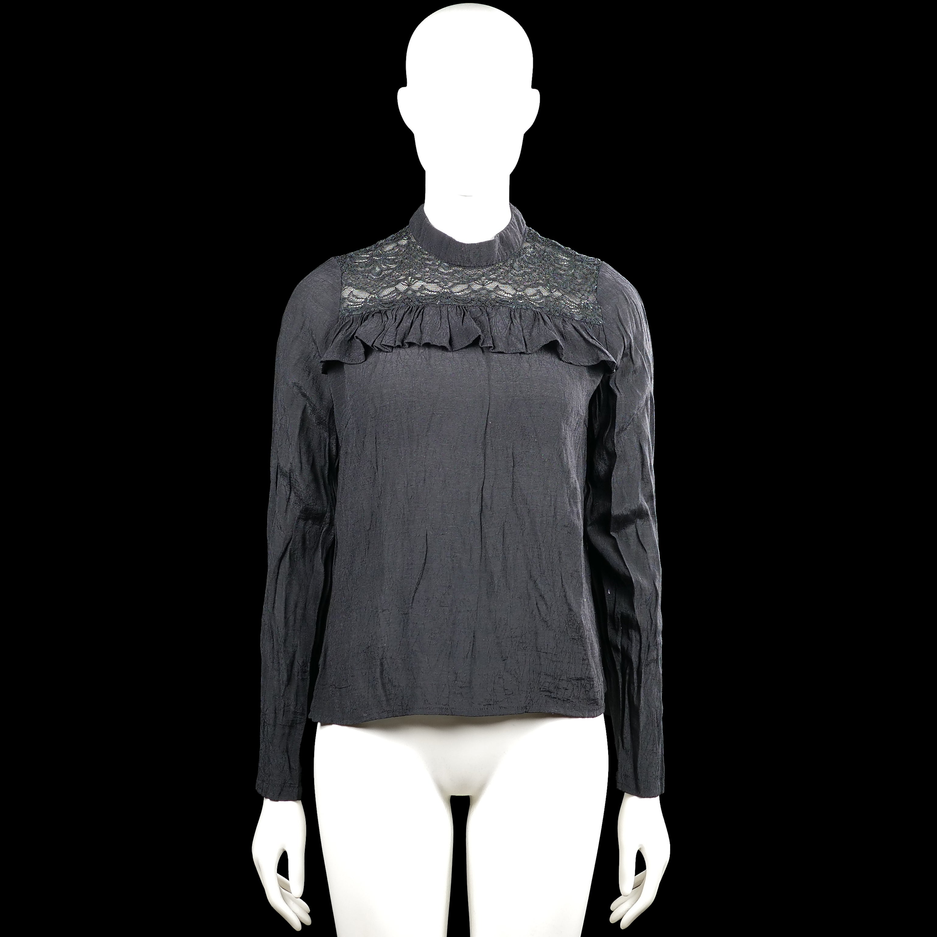 Numph - Blouse - Charcoal - Size 38 - Charcoal solid long-sleeve top with a high neck and lace yoke panels at the front and back. Features a ruffle detail across the chest, a back zipper closure, plain cuffs, and a straight hem.