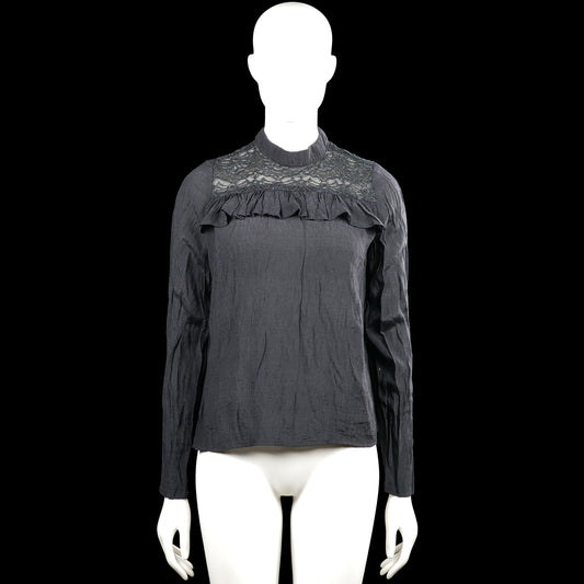 Numph - Blouse - Charcoal - Size 38 - Charcoal solid long-sleeve top with a high neck and lace yoke panels at the front and back. Features a ruffle detail across the chest, a back zipper closure, plain cuffs, and a straight hem.