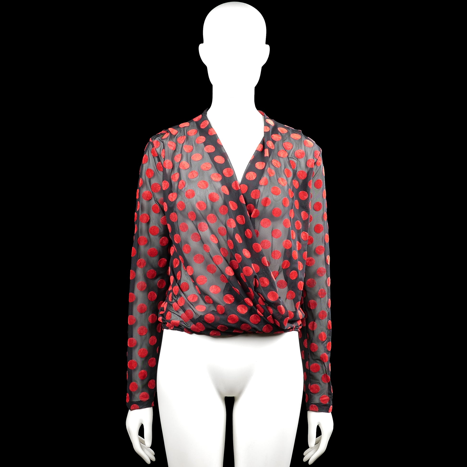 Zara trafaluc - Blouse - Gray & Red - Size S - Gray top with a red polka dot pattern and a V-neck wrap front. Long sleeves with plain cuffs and an elastic hem.