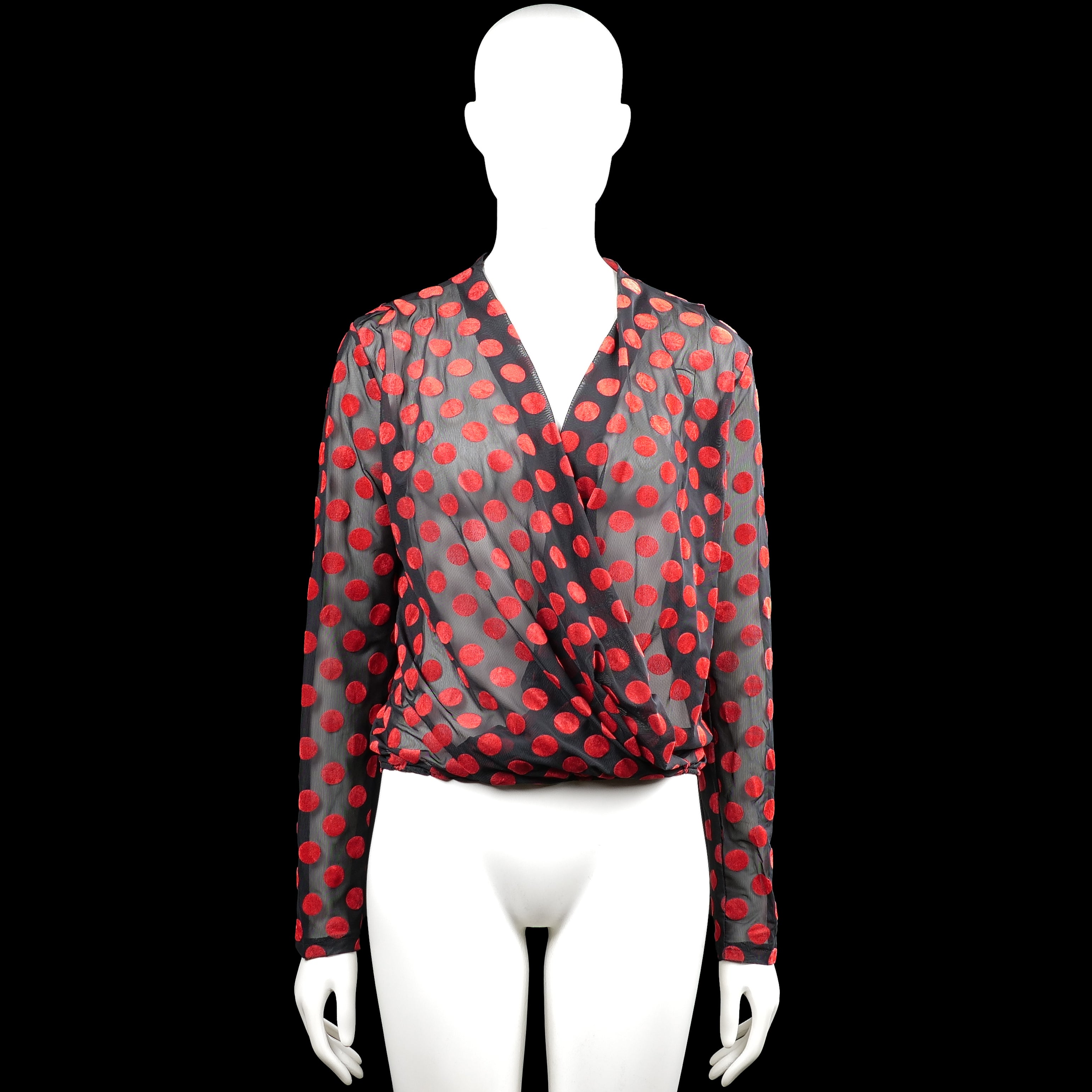 Zara trafaluc - Blouse - Gray & Red - Size S - Gray top with a red polka dot pattern and a V-neck wrap front. Long sleeves with plain cuffs and an elastic hem.