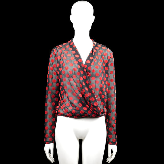 Zara trafaluc - Blouse - Gray & Red - Size S - Gray top with a red polka dot pattern and a V-neck wrap front. Long sleeves with plain cuffs and an elastic hem.