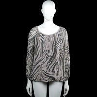 Blouse - Light Gray & Dark Gray - Size M - Light gray and dark gray zebra-pattern blouse with a scoop neckline and long sleeves. Features elastic cuffs and an elastic hem, with lace-trim detail at the center front.