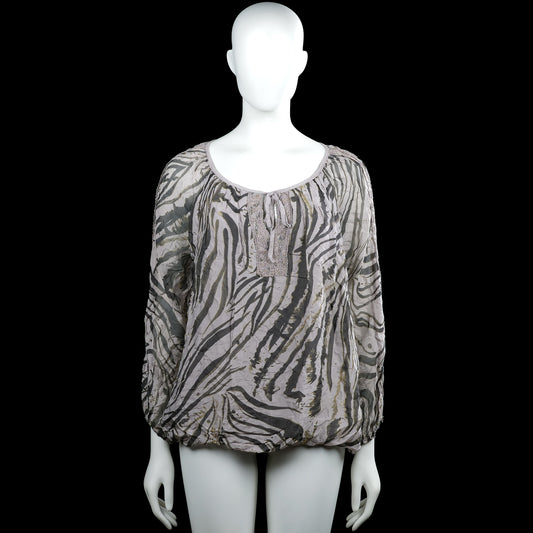 Blouse - Light Gray & Dark Gray - Size M - Light gray and dark gray zebra-pattern blouse with a scoop neckline and long sleeves. Features elastic cuffs and an elastic hem, with lace-trim detail at the center front.