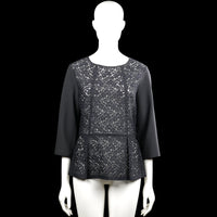 Inwear - Tunic - Black & Gray - Size 38 - Black and gray top with a round neck, three-quarter sleeves, and plain cuffs. Features a floral lace overlay on the front and peplum hem, with a visible back zip closure.
