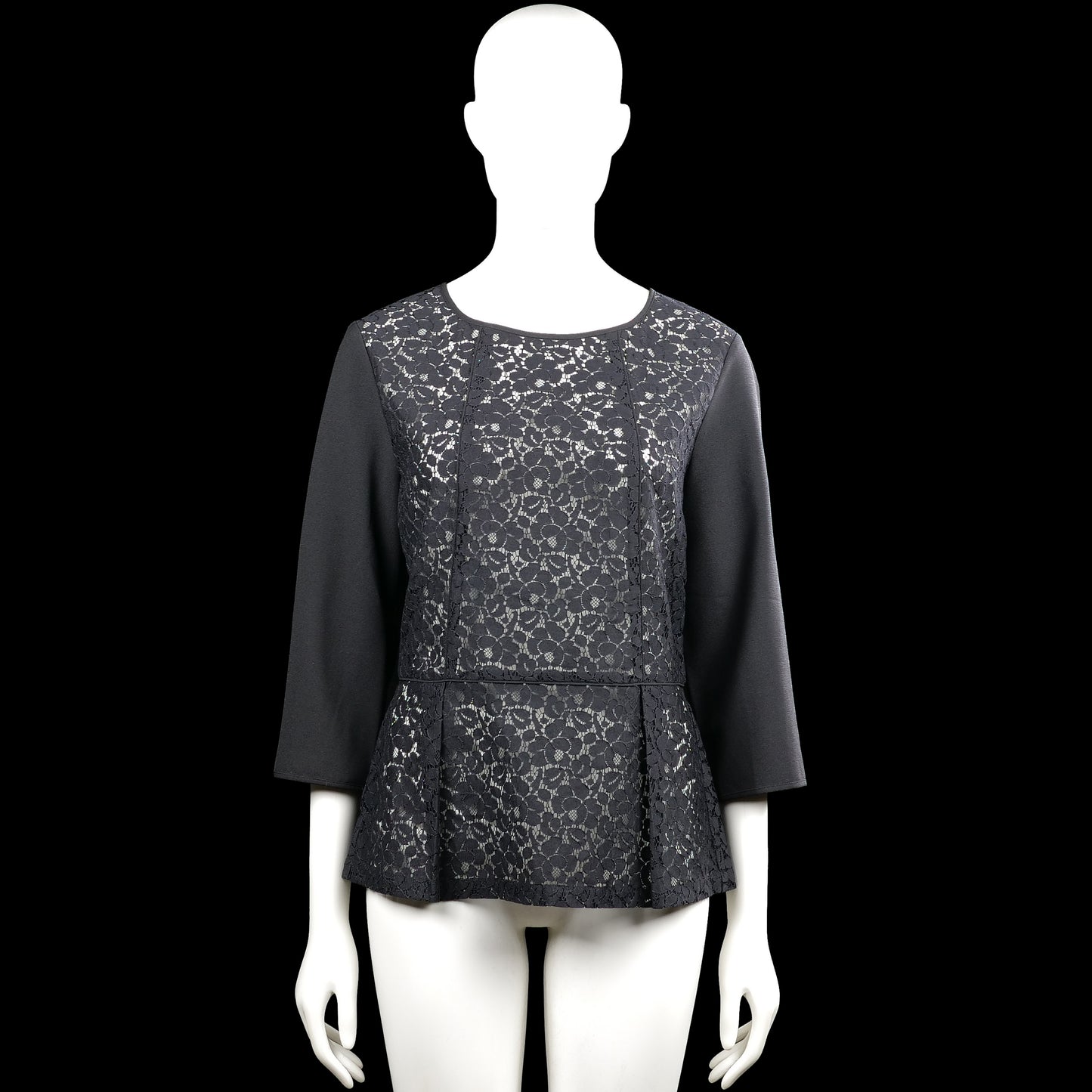 Inwear - Tunic - Black & Gray - Size 38 - Black and gray top with a round neck, three-quarter sleeves, and plain cuffs. Features a floral lace overlay on the front and peplum hem, with a visible back zip closure.