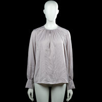 H&M - Blouse - Light Gray - Size M - Light gray solid blouse with a round neckline and gathered detailing at the front. Long sleeves with button cuffs and a straight hem.