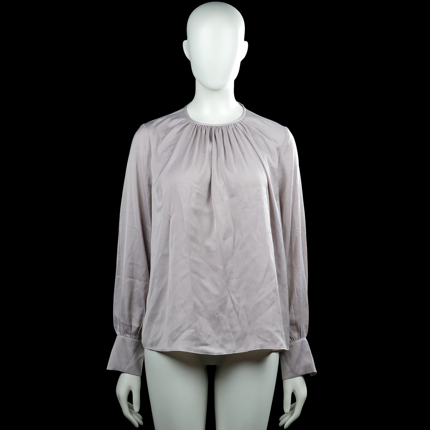 H&M - Blouse - Light Gray - Size M - Light gray solid blouse with a round neckline and gathered detailing at the front. Long sleeves with button cuffs and a straight hem.