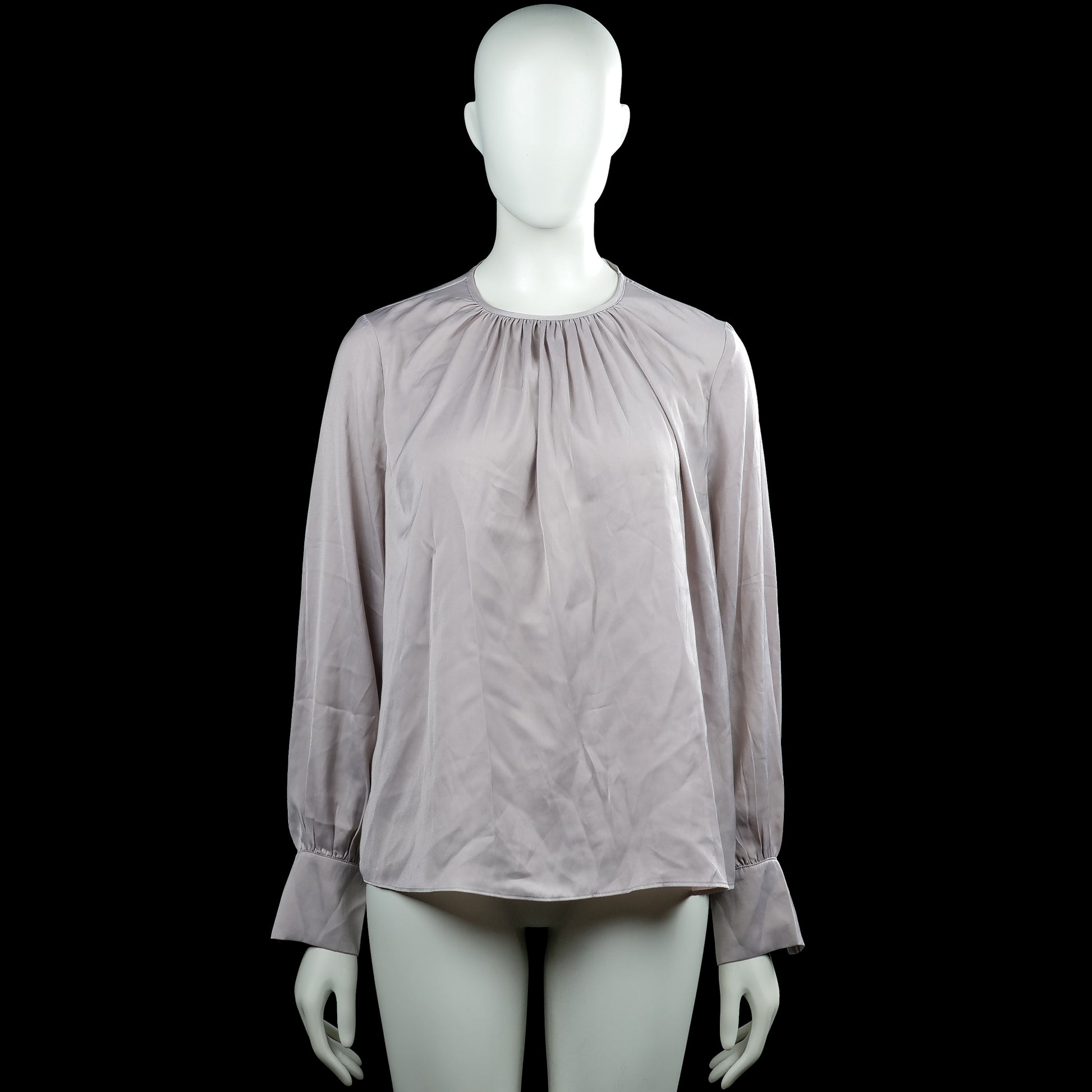 H&M - Blouse - Light Gray - Size M - Light gray solid blouse with a round neckline and gathered detailing at the front. Long sleeves with button cuffs and a straight hem.