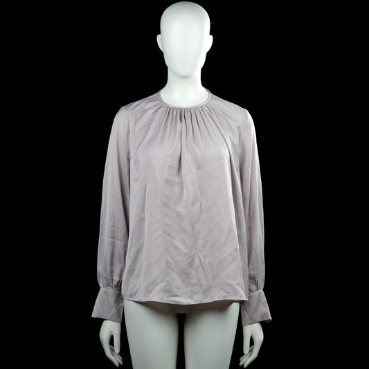 H&M - Blouse - Light Gray - Size M - Light gray solid blouse with a round neckline and gathered detailing at the front. Long sleeves with button cuffs and a straight hem.