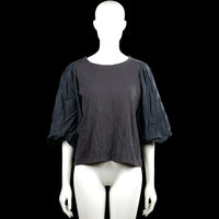 Kappahl - Blouse - Charcoal & Black - Size M - Charcoal solid top with a boat neckline and three-quarter puff sleeves. Features elastic cuffs and a straight hem.