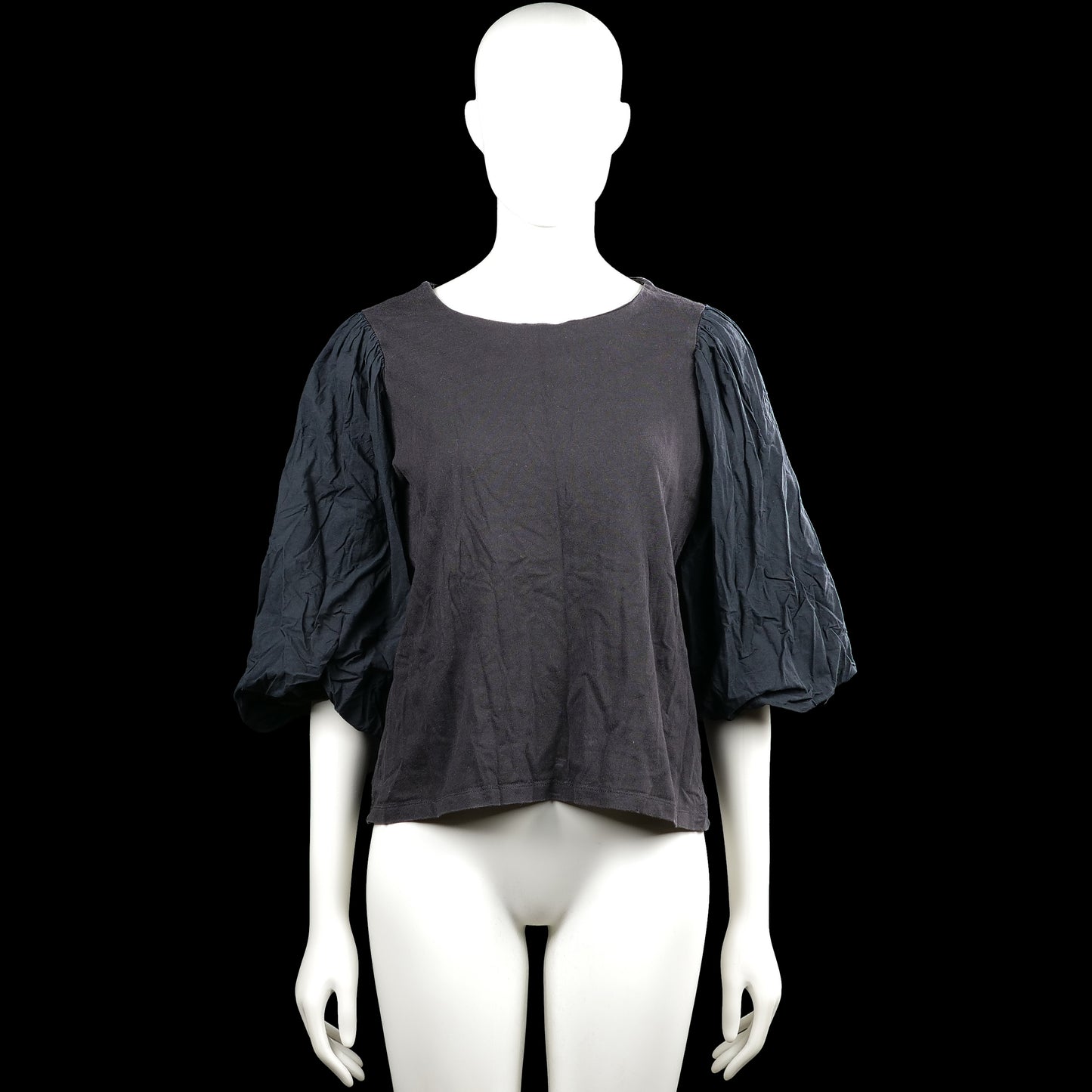 Kappahl - Blouse - Charcoal & Black - Size M - Charcoal solid top with a boat neckline and three-quarter puff sleeves. Features elastic cuffs and a straight hem.