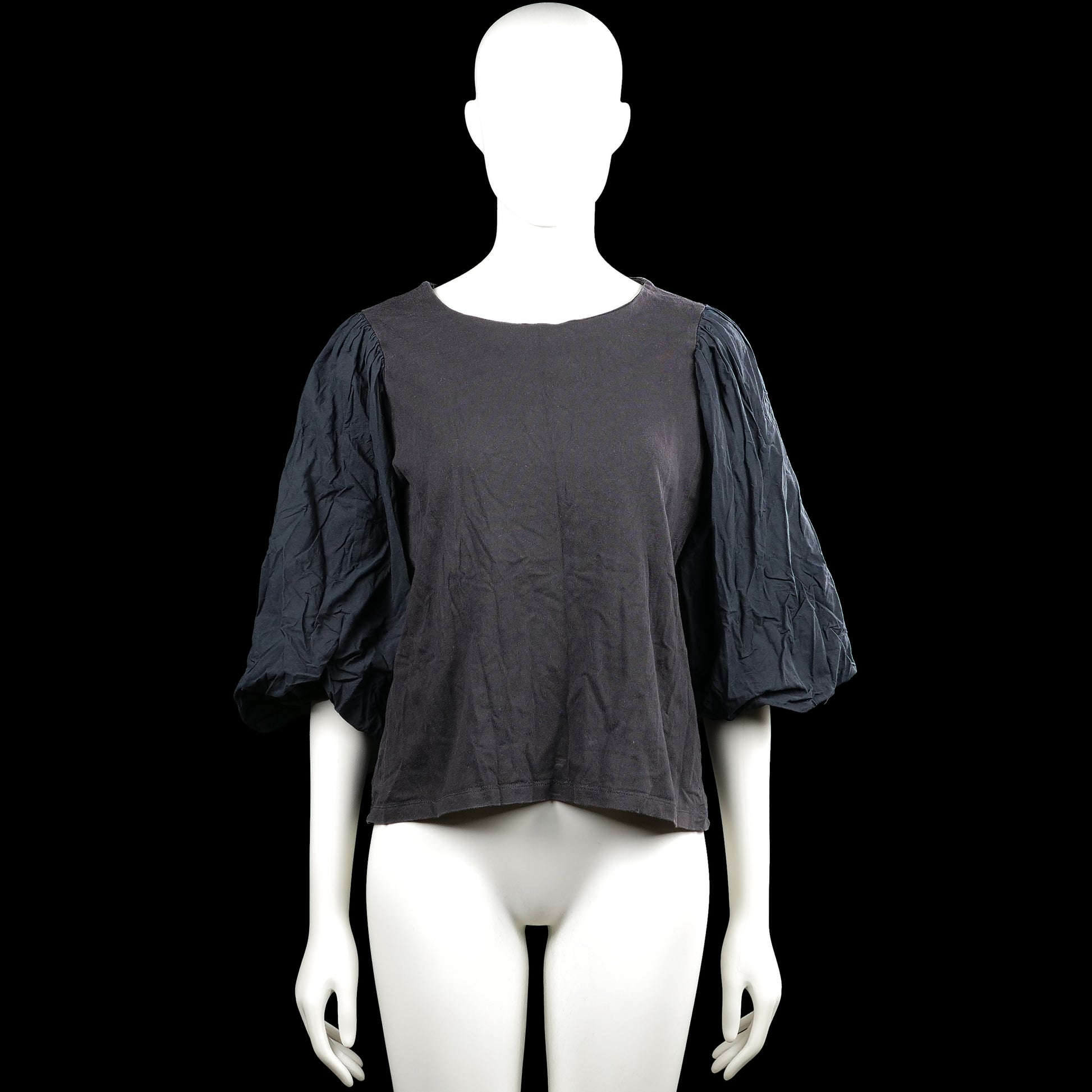 Kappahl - Blouse - Charcoal & Black - Size M - Charcoal solid top with a boat neckline and three-quarter puff sleeves. Features elastic cuffs and a straight hem.