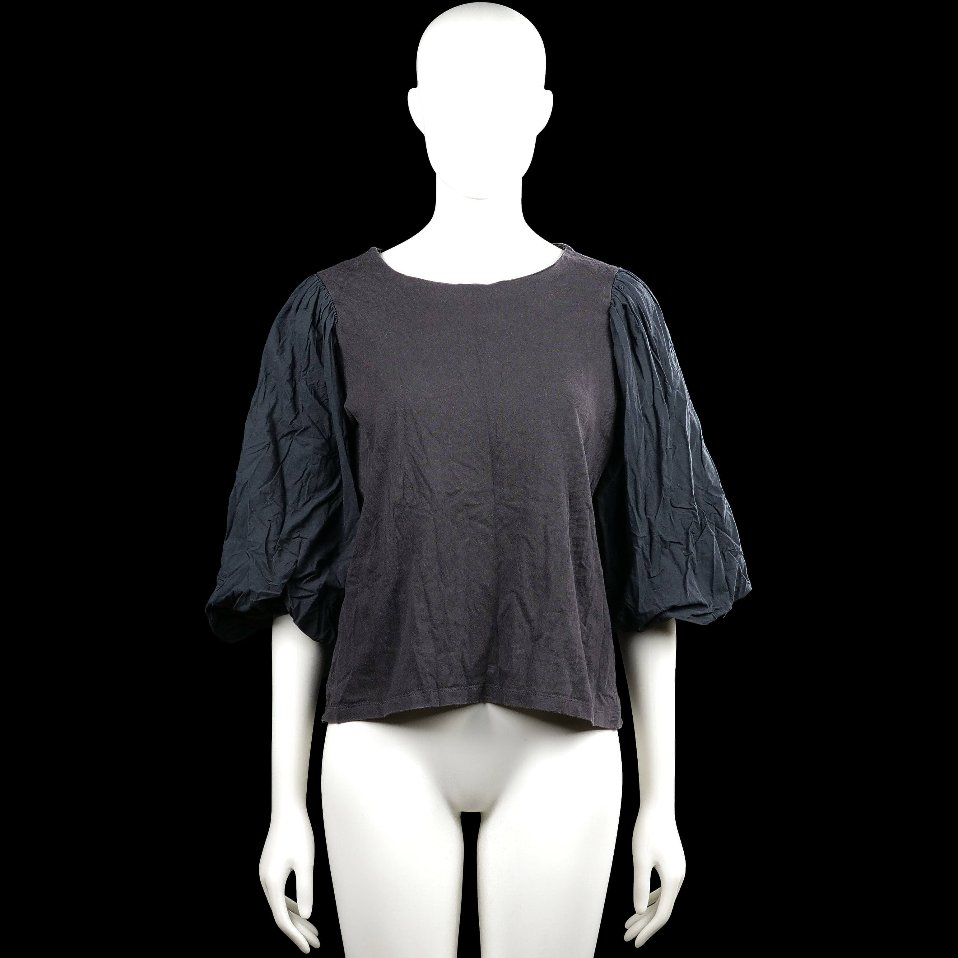Kappahl - Blouse - Charcoal & Black - Size M - Charcoal solid top with a boat neckline and three-quarter puff sleeves. Features elastic cuffs and a straight hem.