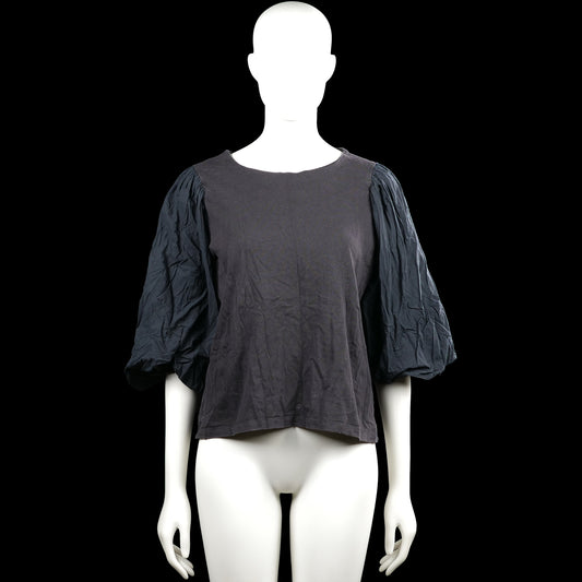 Kappahl - Blouse - Charcoal & Black - Size M - Charcoal solid top with a boat neckline and three-quarter puff sleeves. Features elastic cuffs and a straight hem.
